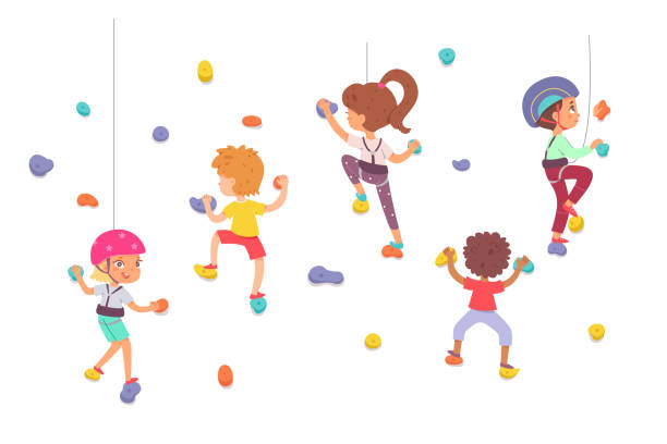 Children climbing rock wall active boy girl climbers bouldering, training in gym Children climbing rock wall vector illustration. Cartoon active boy girl climber characters bouldering, active child training with woman trainer indoor in gym, extreme sport activity isolated on white extreem weer stock illustrations