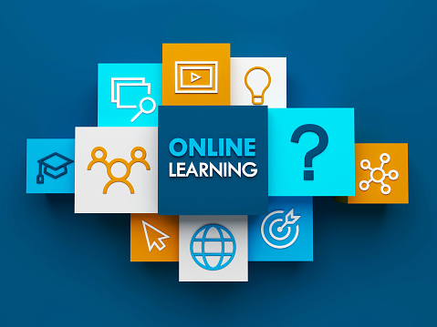 3D render of table top view of ONLINE LEARNING concept with symbols on colorful cubes on dark blue background