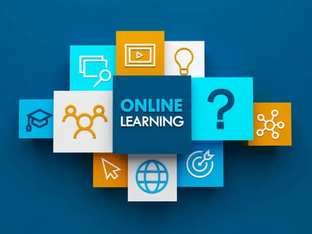 Photo of 3D render of ONLINE LEARNING concept on dark blue background