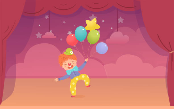 illustrazioni stock, clip art, cartoni animati e icone di tendenza di personaggio del bambino clown che esegue uno spettacolo divertente nel circo, ragazzo con naso e palloncini divertenti - curtain red color image clown