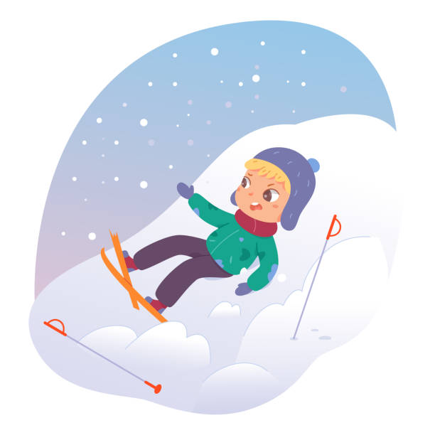 cậu bé trượt tuyết dễ thương trượt tuyết và ngã, nằm trong tuyết trôi dạt trên sườn núi do trượt tuyết bị hỏng - sad boy outside hình minh họa sẵn có