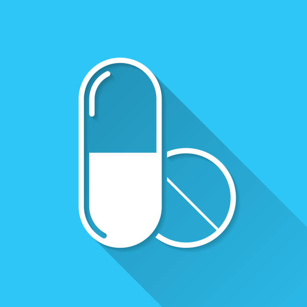 табл�етки - медицинские препараты. значок на синем фоне - плоский дизайн с длинной тенью - nutritional supplement vitamin pill pill ecstasy pill stock illustrations