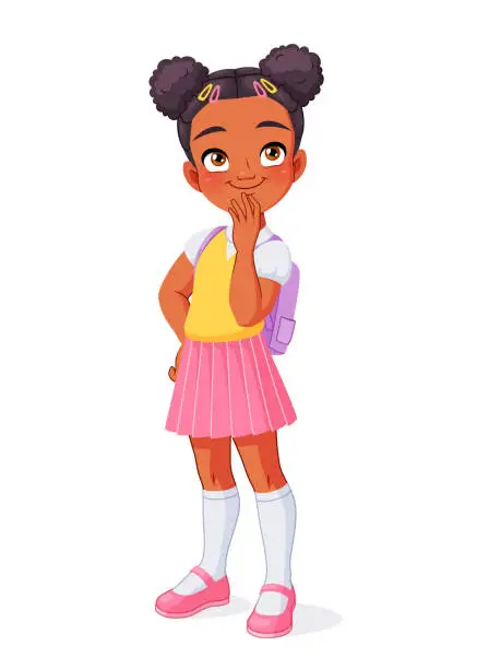 Vector illustration of Thinking African American school girl. Cartoon vector illustration.