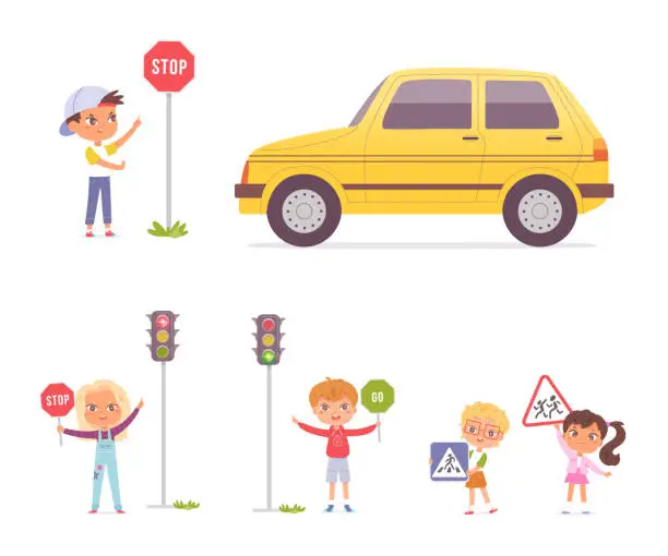 Vector illustration of Group of preschool children studying traffic rules, holding road signs in their hands, traffic without stopping is prohibited, pedestrian crossing, attention children, crossing the road at permitting traffic light.
