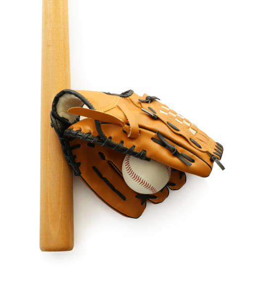 istock Leather baseball ball, bat and glove on white background, top view 1353578595