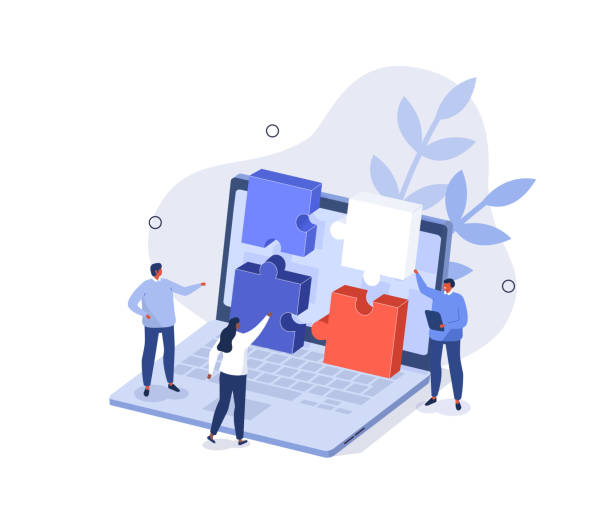 business puzzle Characters group standing near laptop and connecting jigsaw puzzle pieces. Successfully teamwork and business solutions and strategy concept. Vector illustration. benchmarking stock illustrations