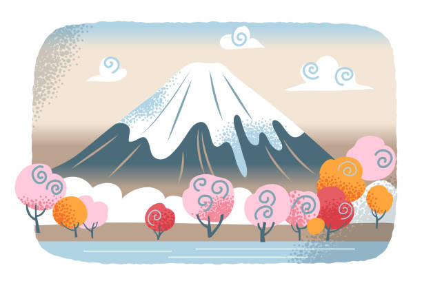 fuji und sakura blühen in japan, japanisches symbol, niedliche berglandschaft - sakura stock-grafiken, -clipart, -cartoons und -symbole