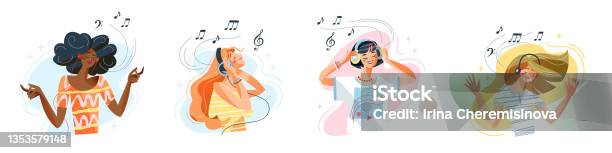 People Listen Music With Headphones And Enjoy Set Vector Illustration  Cartoon Happy Young Women Characters Listening