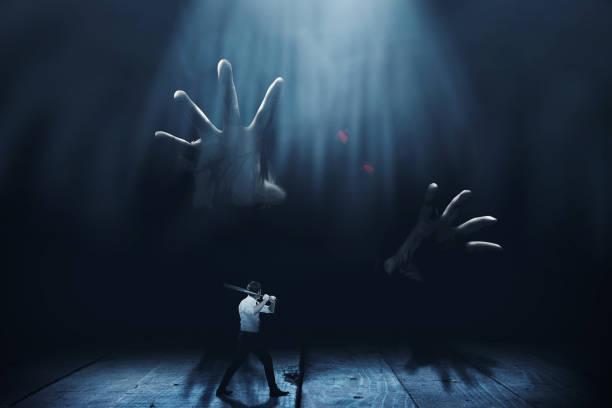 istock Asian man standing with a baseball bat in his hand ready to attack giant zombie 1353579170