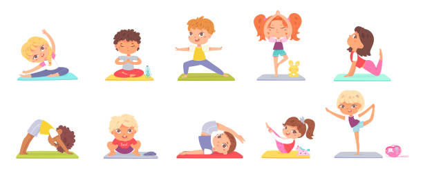 Set diverse kids practicing yoga performing different position exercising on mat vector illustration Set diverse kids practicing yoga performing different position exercising on mat vector flat illustration. Collection boys and girls doing sports training, stretching body, feeling harmony balance kid sitting cross legged stock illustrations
