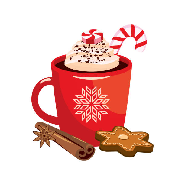 Red mug of hot chocolate with cinnamon and gingerbread icon vector Cup of cocoa with whipped cream vector. Sweet winter drink icon isolated on a white background. Christmas beverage with candy cane vector snowflake shape clipart stock illustrations