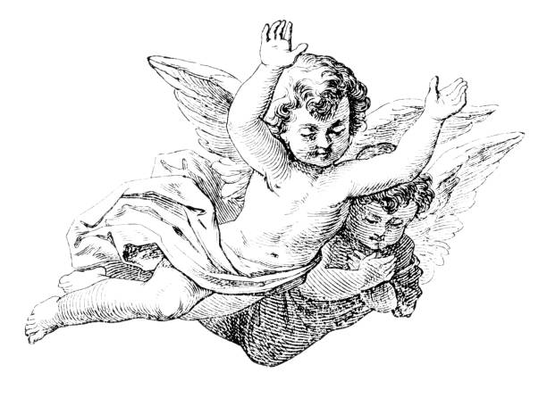 zwei baby angels oder cherubs fliegen. bibel, neues testament. vintage antike zeichnung - engel stock-grafiken, -clipart, -cartoons und -symbole