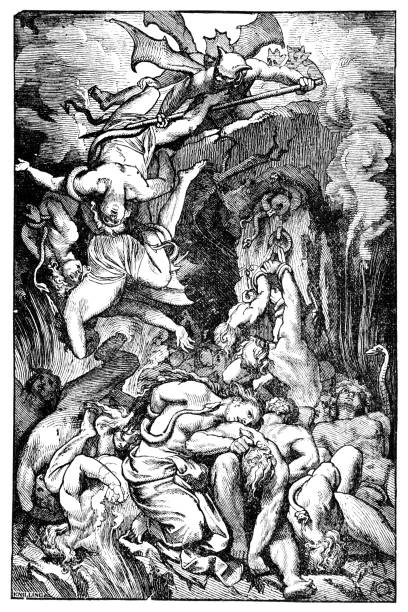 sinners falling in to hell. bible, old testament. vintage antique drawing - ölüm illüstrasyonlar stock illustrations