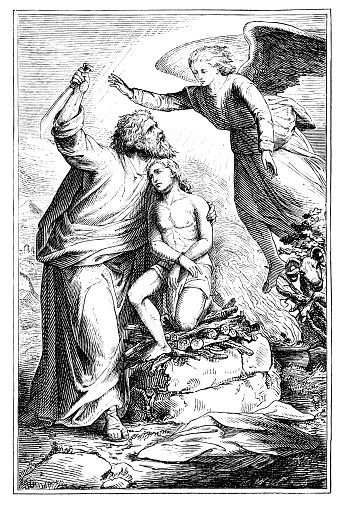 Abraham is offering son Issac as sacrifice to God, he is stopped by angel . Vintage antique drawing. Bible, Genesis, Old Testament.