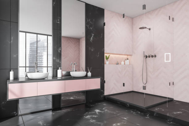 istock Pink and black shower room. Corner view. 1353581969