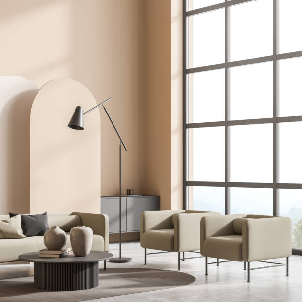 istock Bright living room interior with empty wall, sofa, two armchairs 1353582313
