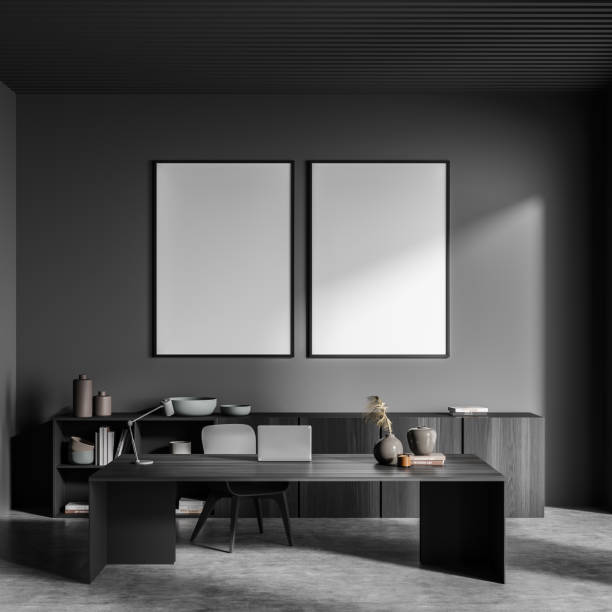istock Grey manager room interior with chair and table, mockup posters 1353582402