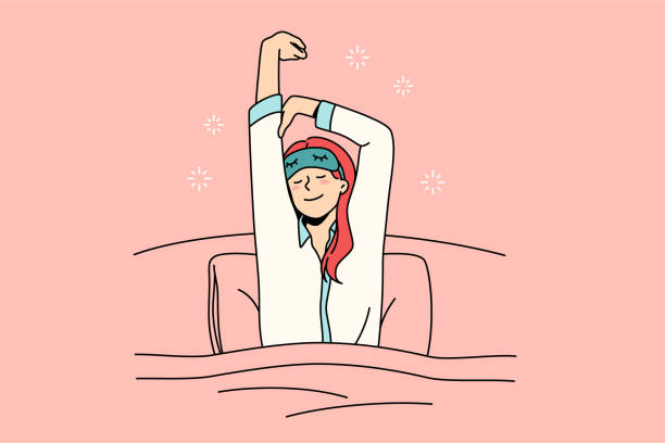 Happy waking up and health concept Happy waking up and health concept. Young smiling woman with eyes closed and sleeping mask stretching out in bed feeling fresh and relaxed vector illustration person waking up stock illustrations