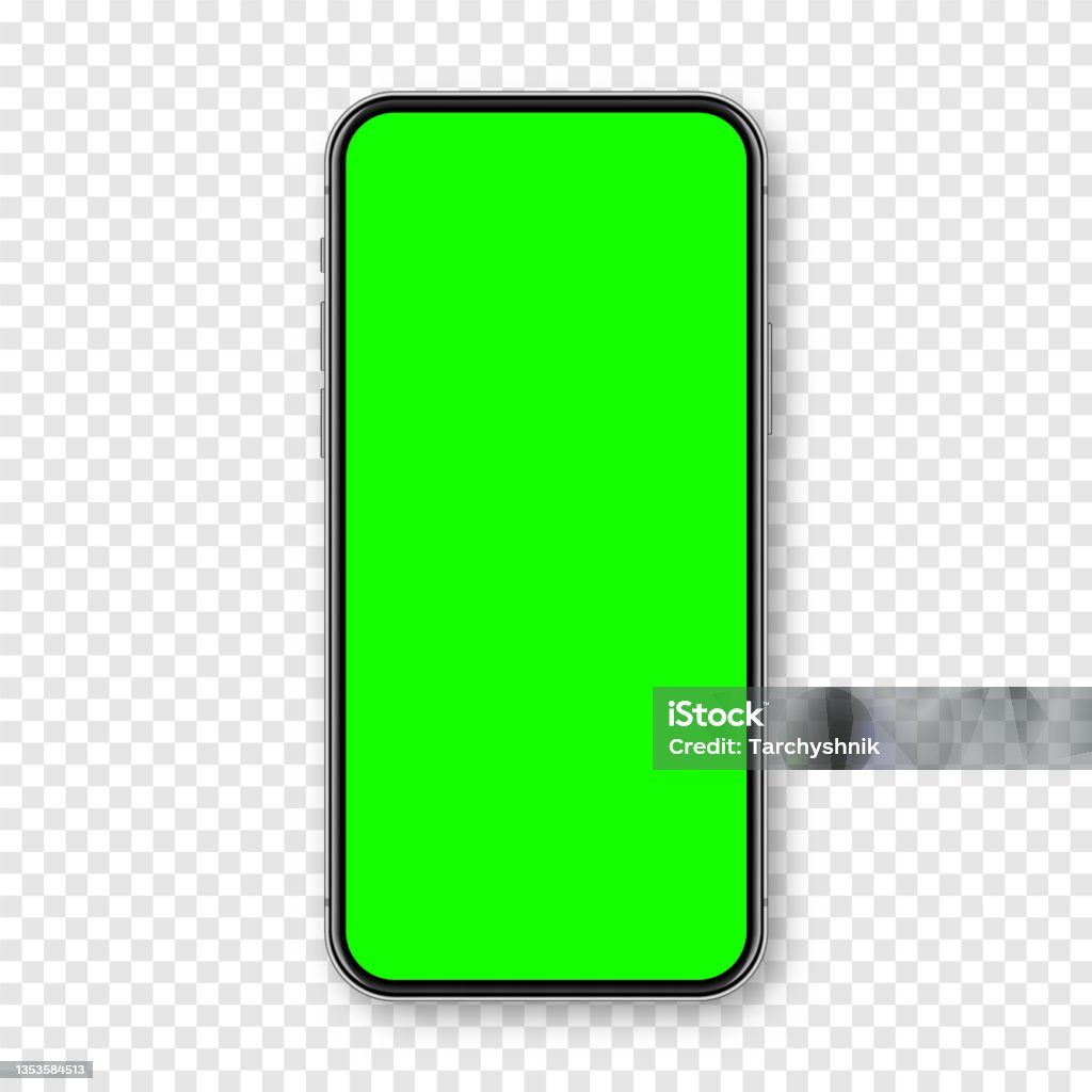 Realistic smartphone with blank touch screen and green chroma key background. Frameless mobile phone in front view. High quality detailed device mockup. Screen backdrop template. Vector illustration Green Screen stock vector