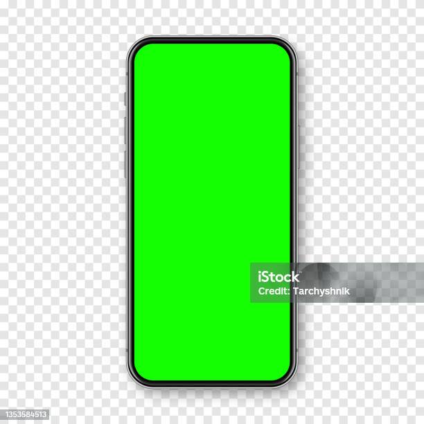 Realistic Smartphone With Blank Touch Screen And Green Chroma Key Background Frameless Mobile Phone In Front View High Quality Detailed Device Mockup Screen Backdrop Template Vector Illustration Stock Illustration - Download Image Now