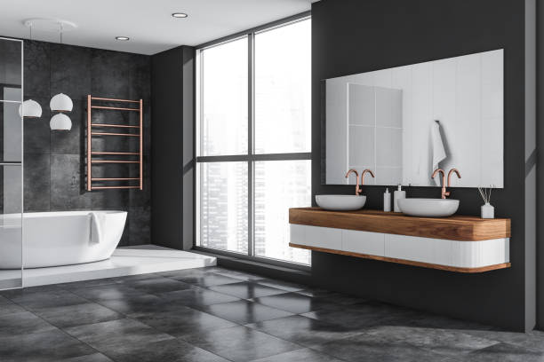 istock Modern grey and white bathroom with copper details. Corner view. 1353584707