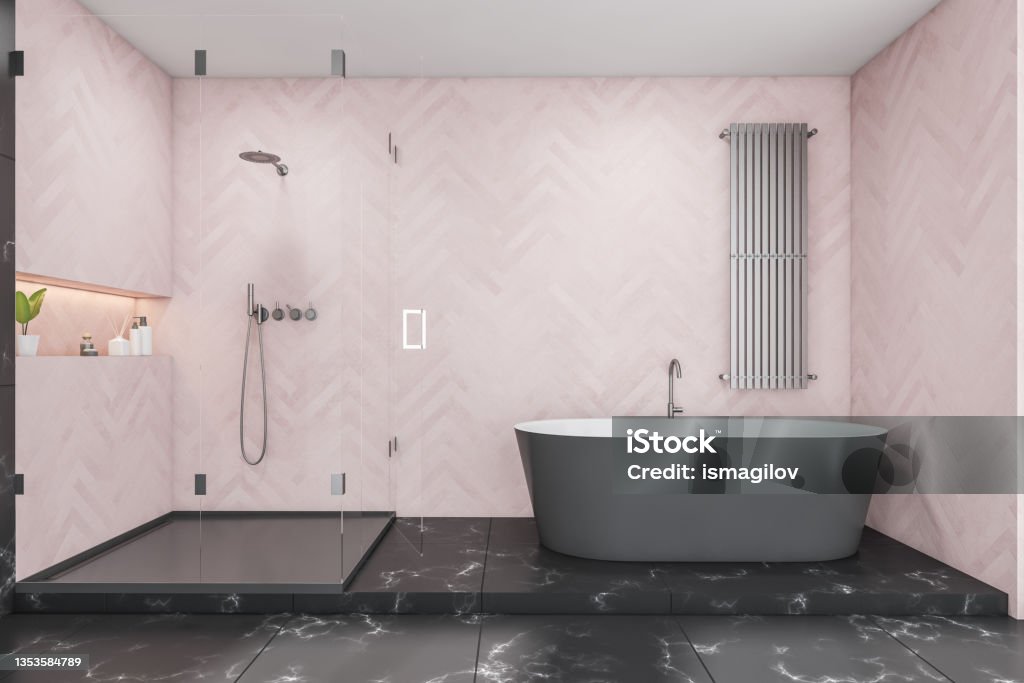 Pink and black shower room with on trend bathtub Pink and black shower room with an oval ceramic bathtub, parquet style walls and tiled marble flooring. A concept of modern house design. 3d rendering Apartment Stock Photo