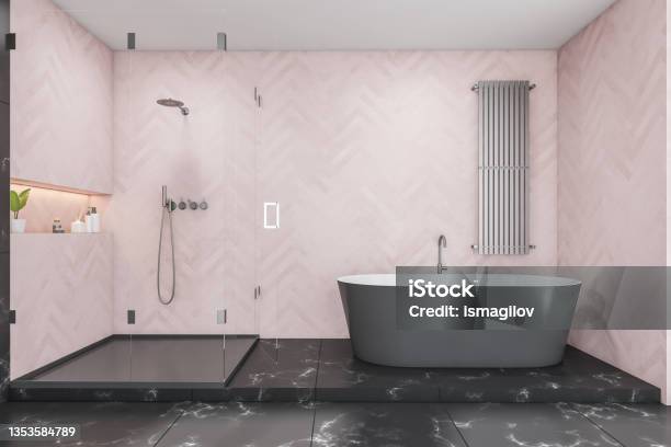 Pink And Black Shower Room With On Trend Bathtub Stock Photo - Download Image Now - Apartment, Architecture, Bathroom