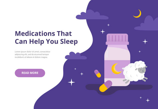 ilustraciones, imágenes clip art, dibujos animados e iconos de stock de medicamentos que ayudan a dormir. un concepto con pastillas para dormir, y ovejas. ilustración plana vectorial de moda para banners, landing pages. - sleeping insomnia alarm clock clock