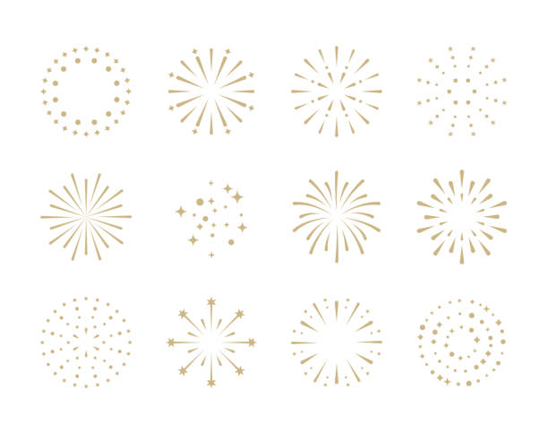 feuerwerk. set von goldenen feuerwerkskörper-ikonen für jubiläum, neujahr, feiern, festival. flaches design auf weiß. - neujahr stock-grafiken, -clipart, -cartoons und -symbole