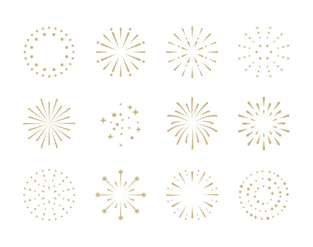 kembang api. set ikon petasan emas untuk ulang tahun, tahun baru, rayakan, festival. desain datar pada warna putih. - tahun baru ilustrasi stok