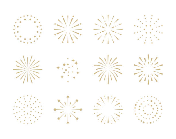 花火。記念日、新年、祝う、祭りのための金の爆竹のアイコンのセット。白のフラットなデザイン。 - party pattern contemporary shiny点のイラスト素材／クリップアート素材／マンガ素材／アイコン素材