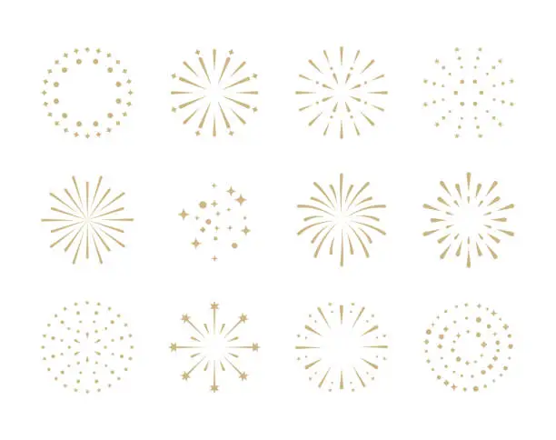 Vector illustration of Fireworks. Set of gold firecracker icons for Anniversary, New year, Celebrate, Festival. Flat design on white.