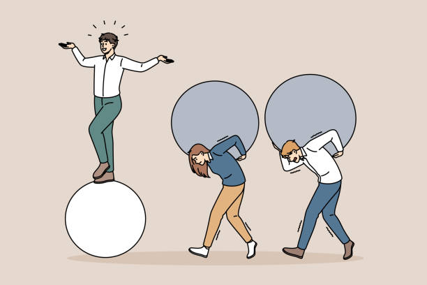 Easy business and tiredness concept Easy business and tiredness concept. Young smiling happy confident businessman standing on ball while his colleagues carrying heavy balls on backs vector illustration easy stock illustrations