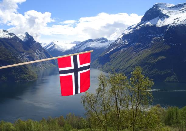 Norwegian flag Taken near Hellesylt, view point towards Geiranger fjord norwegian flag stock pictures, royalty-free photos & images