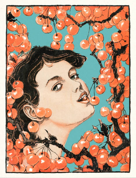 아르누보 1897을 꿈꾸는 자연속에서 나무에서 벚꽃을 먹는 젊은 여성 - women illustration and painting sensuality color image stock illustrations