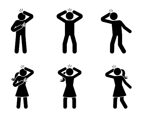 Stick figure man and woman headache icon vector illustration set. Cut out stickman with migraine, heart attack, ache, pain silhouette pictogram on white background