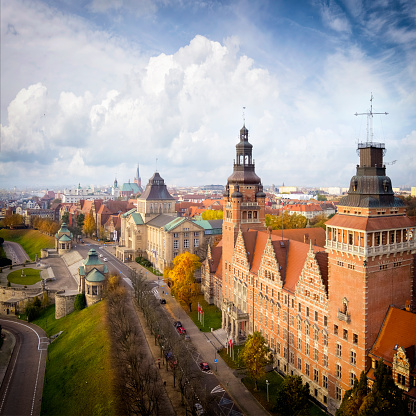 The Haken terrace/ Waly Chrobrego/ with monumental Szczecin Voivodeship Office. Terraces are 500 meters long and lies 19 meters above the bank of Odra river. One of the most beautiful places in Poland