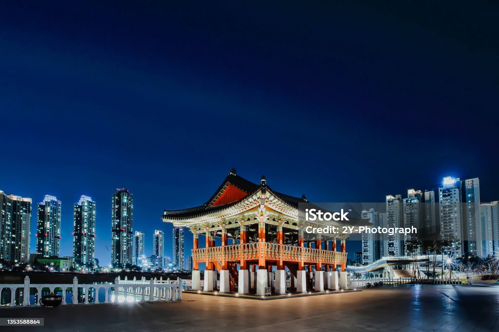 Nightscape of korea Traditional Korean buildings and urban landscapes mingled. City Stock Photo