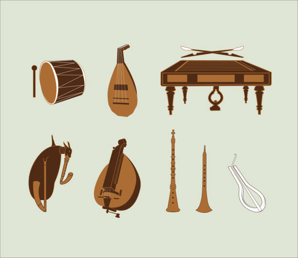 Balkan Hungarian Traditional Folk Instruments vector illustration pack Balkan Hungarian Traditional Folk Instruments vector illustrations hurdy gurdy stock illustrations