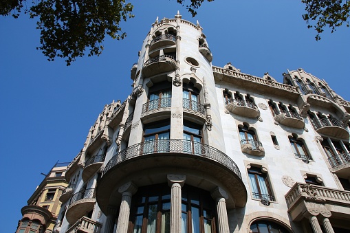 Barcelona, Spain. Landmark architecture in Eixample district - Casa Fuster by Lluis Domenech i Montaner. Modernisme (Catalan art nouveau) style.