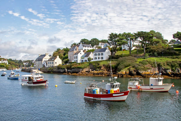 Clohars-Carnoët. Doëlan. View of the entrance to the ria and the port. Finistère. Brittany stock photo