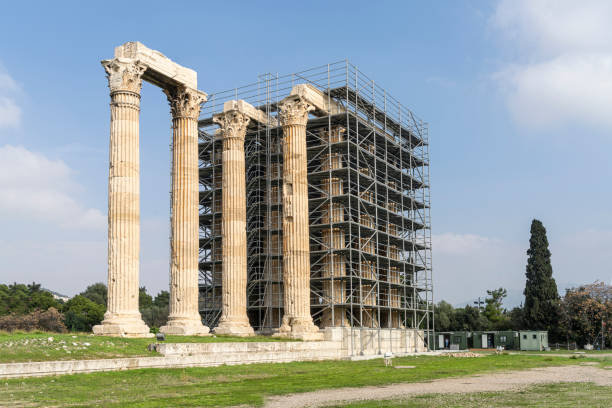 Athens, Greece. November 2021.  Works in progress on the vast temple begun in the 6th century BC. on the site of an even older open-air sanctuary, dedicated to Zeus.