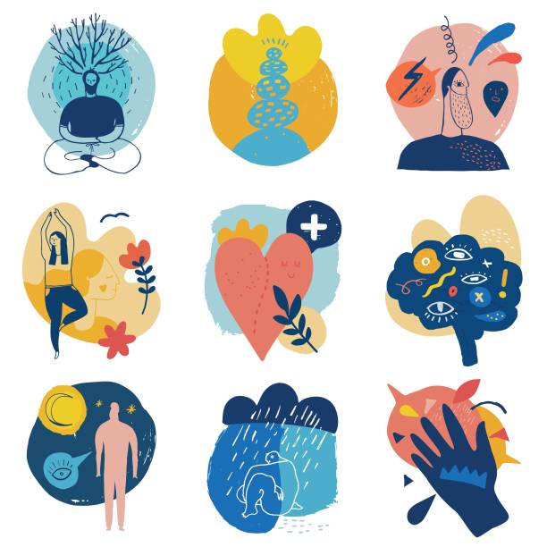 Hand drawn doodle creative icons representing health benefits of practicing mindfulness: Higher brain functioning; Improve relaxation; Reduce anxiety and stress; Better quality of life, Lower blood pressure, Reduce brain chatter; Improve sleep; Reduce depression, Deal with pain and/or illness.