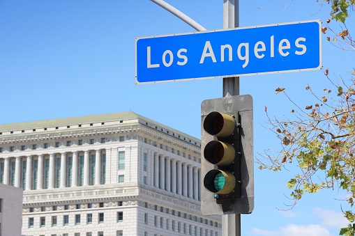 Los Angeles sign in California, USA. Directions sign.