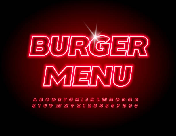wektorowy jasny szablon burger menu. zestaw liter i cyfr czerwonego alfabetu neonów - diner stock illustrations