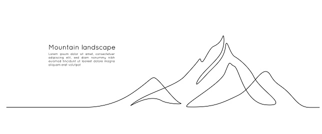 One continuous line drawing of mountain range landscape. Web banner with mounts in simple linear style. Adventure winter sports concept isolated on white background. Doodle vector illustration.