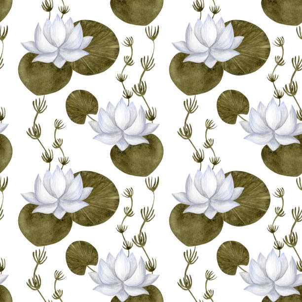 istock Watercolor waterlilies and green seaweeds: seamless pattern isolated on a white background. 1353594645