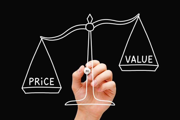 High Price Low Value Scale Business Concept Hand drawing Price Value scale business concept with white marker isolated on black background. High price, Low value. inexpensive stock pictures, royalty-free photos & images