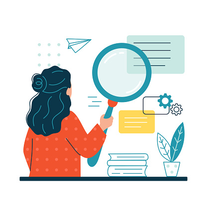 Woman holding a magnifying glass or loupe and looking for information in the database. Search, SEO or research concept. Optimization of finding websites, files. Isolated on white flat vector illustration.
