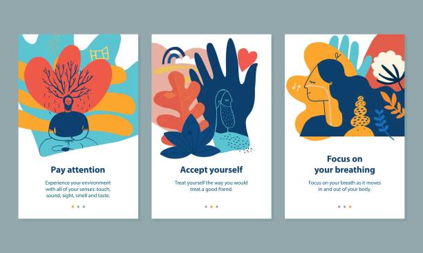 Mindfulness Meditation Practices Creative Icons Vibrant doodles representing three mindfulness practices: Pay attention; Accept yourself and Focus on your breathing. lifestyles illustrations stock illustrations